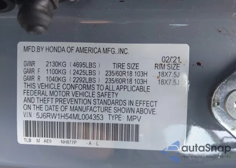 2021 Honda Cr-V 2Wd Ex из США, поврежденный, VIN 5J6RW1H54ML004353